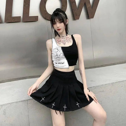 Punk Style Patchwork Tank Tops Aesthetic Letter And Graphic Print Women Crop Top Color Blocking Sleeveless Streetwear SS69
