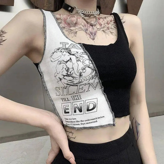 Punk Style Patchwork Tank Tops Aesthetic Letter And Graphic Print Women Crop Top Color Blocking Sleeveless Streetwear SS69