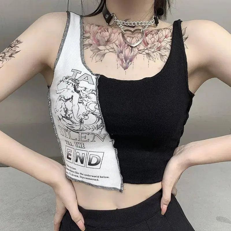 Punk Style Patchwork Tank Tops Aesthetic Letter And Graphic Print Women Crop Top Color Blocking Sleeveless Streetwear SS69