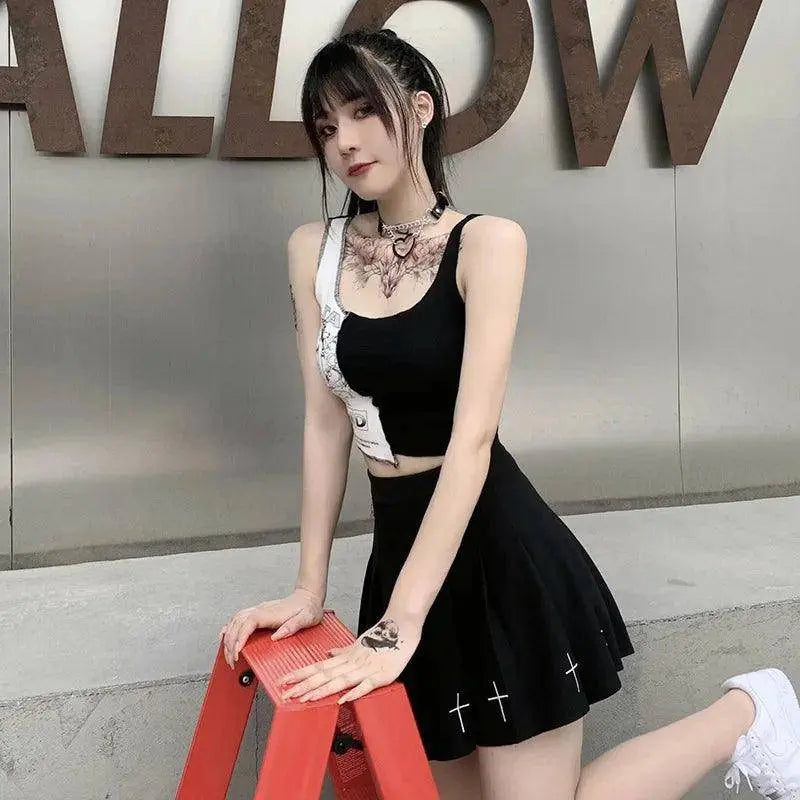 Punk Style Patchwork Tank Tops Aesthetic Letter And Graphic Print Women Crop Top Color Blocking Sleeveless Streetwear SS69