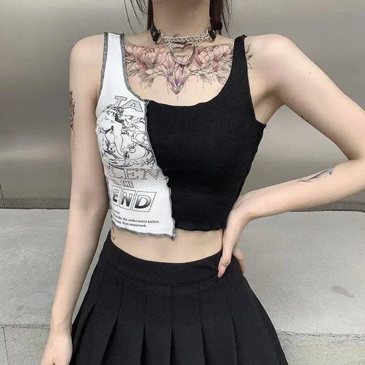 Punk Style Patchwork Tank Tops Aesthetic Letter And Graphic Print Women Crop Top Color Blocking Sleeveless Streetwear SS69
