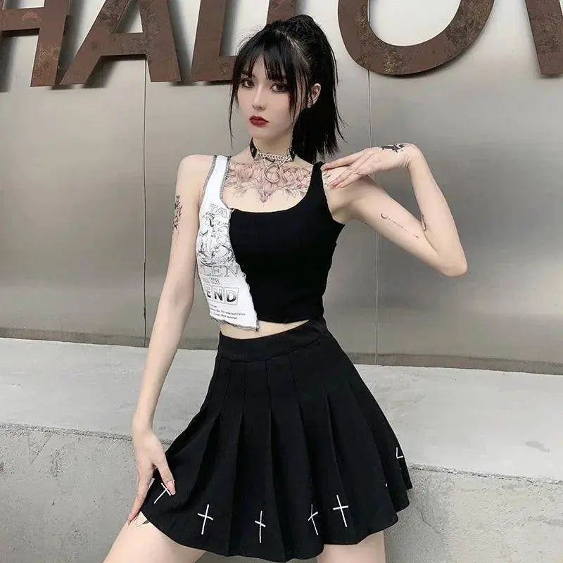 Punk Style Patchwork Tank Tops Aesthetic Letter And Graphic Print Women Crop Top Color Blocking Sleeveless Streetwear SS69
