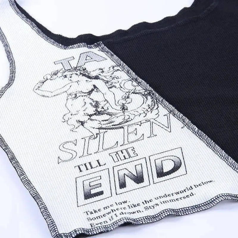 Punk Style Patchwork Tank Tops Aesthetic Letter And Graphic Print Women Crop Top Color Blocking Sleeveless Streetwear SS69