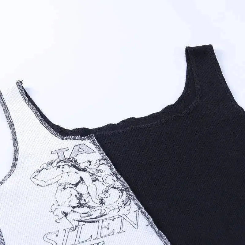 Punk Style Patchwork Tank Tops Aesthetic Letter And Graphic Print Women Crop Top Color Blocking Sleeveless Streetwear SS69