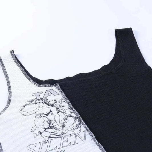 Punk Style Patchwork Tank Tops Aesthetic Letter And Graphic Print Women Crop Top Color Blocking Sleeveless Streetwear SS69