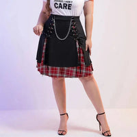 ROSEGAL Plus Size Women's Gothic Skirt Casual Plain Chain Detail High Waisted Stitching Plaid Pleated Layered Lace Up Skirts 5XL SS69