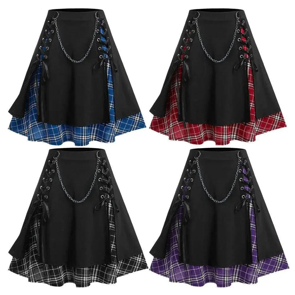 ROSEGAL Plus Size Women's Gothic Skirt Casual Plain Chain Detail High Waisted Stitching Plaid Pleated Layered Lace Up Skirts 5XL SS69