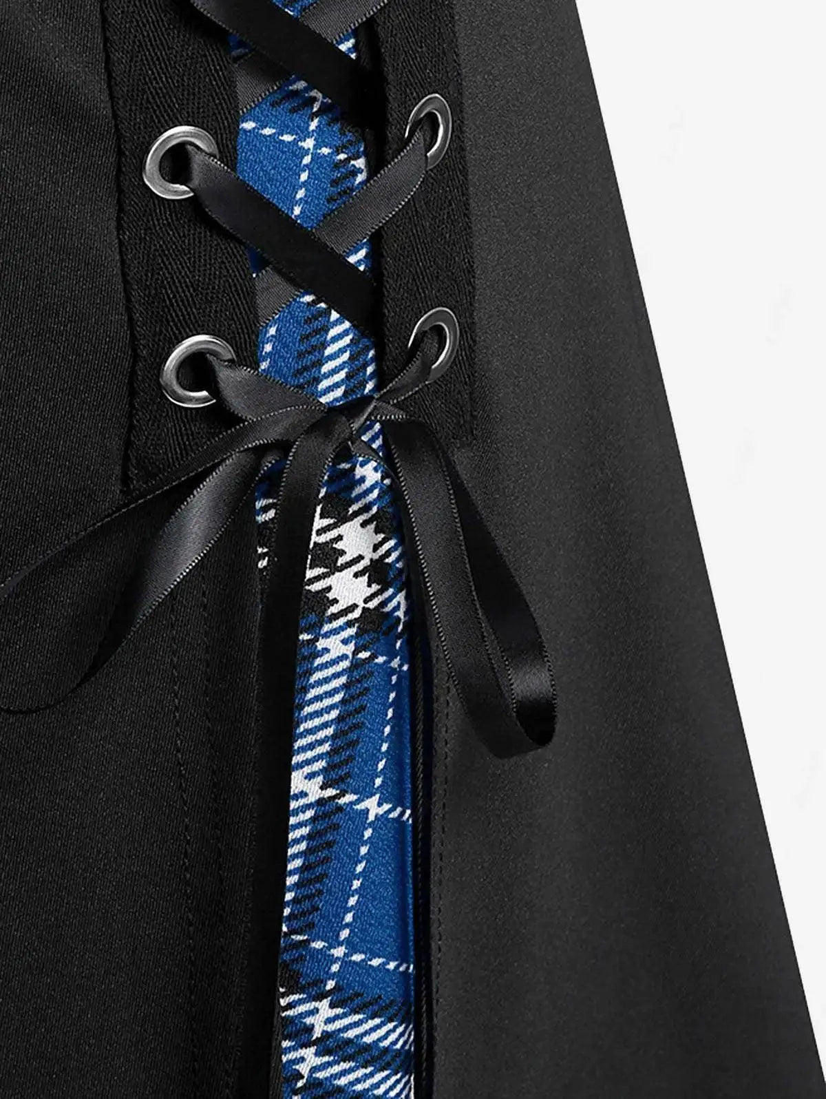 ROSEGAL Plus Size Women's Gothic Skirt Casual Plain Chain Detail High Waisted Stitching Plaid Pleated Layered Lace Up Skirts 5XL SS69