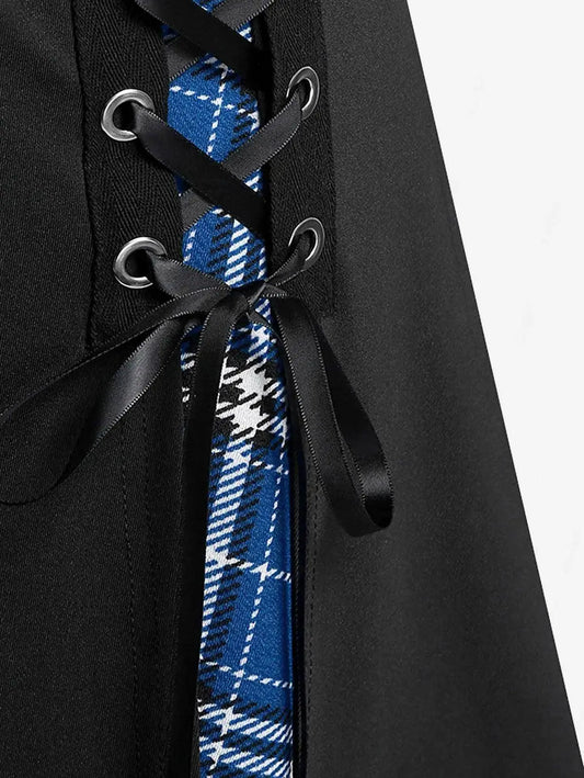 ROSEGAL Plus Size Women's Gothic Skirt Casual Plain Chain Detail High Waisted Stitching Plaid Pleated Layered Lace Up Skirts 5XL SS69