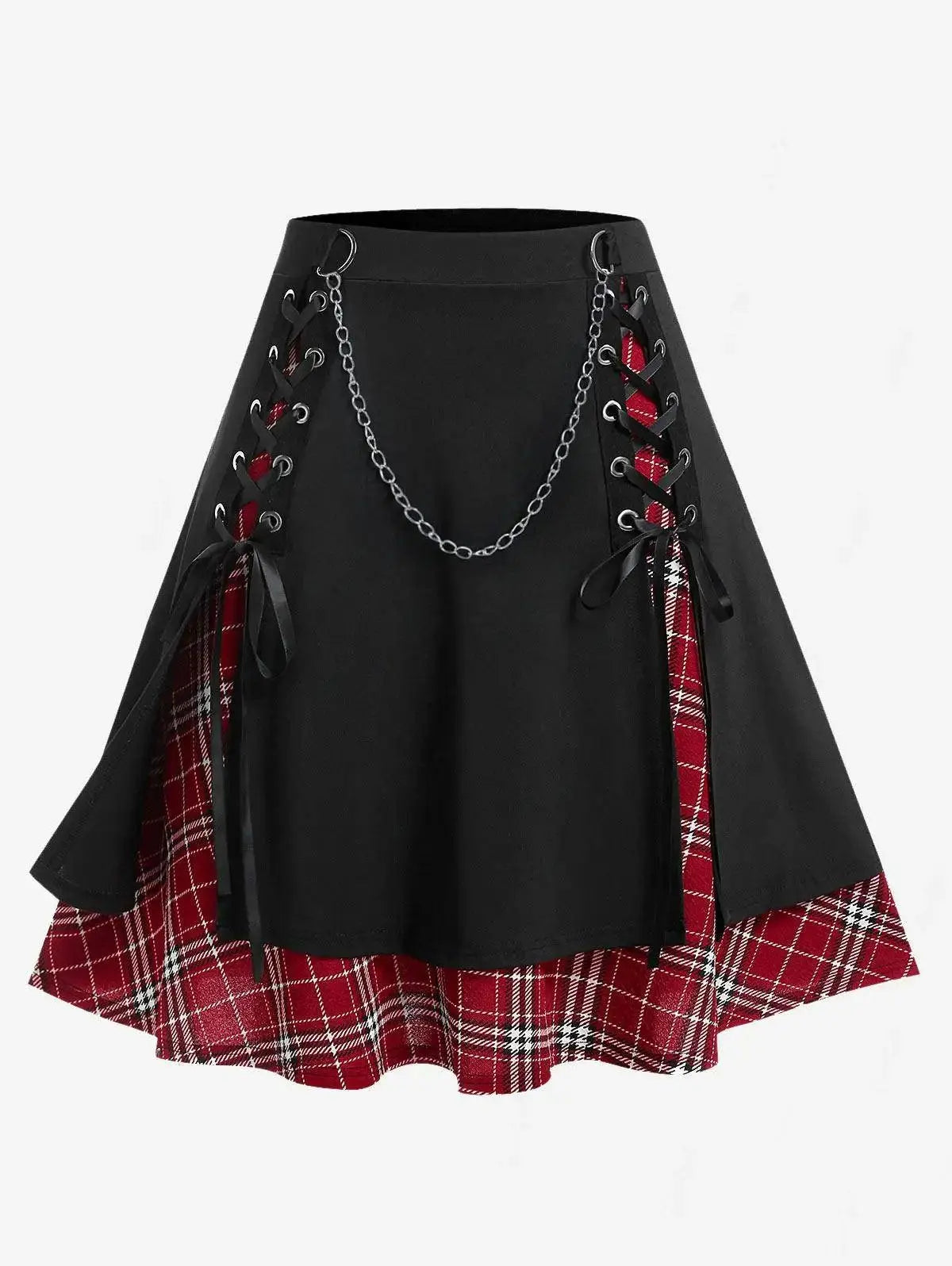ROSEGAL Plus Size Women's Gothic Skirt Casual Plain Chain Detail High Waisted Stitching Plaid Pleated Layered Lace Up Skirts 5XL SS69