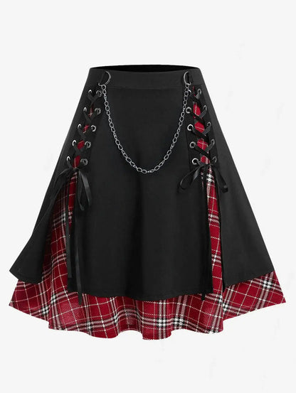 ROSEGAL Plus Size Women's Gothic Skirt Casual Plain Chain Detail High Waisted Stitching Plaid Pleated Layered Lace Up Skirts 5XL SS69