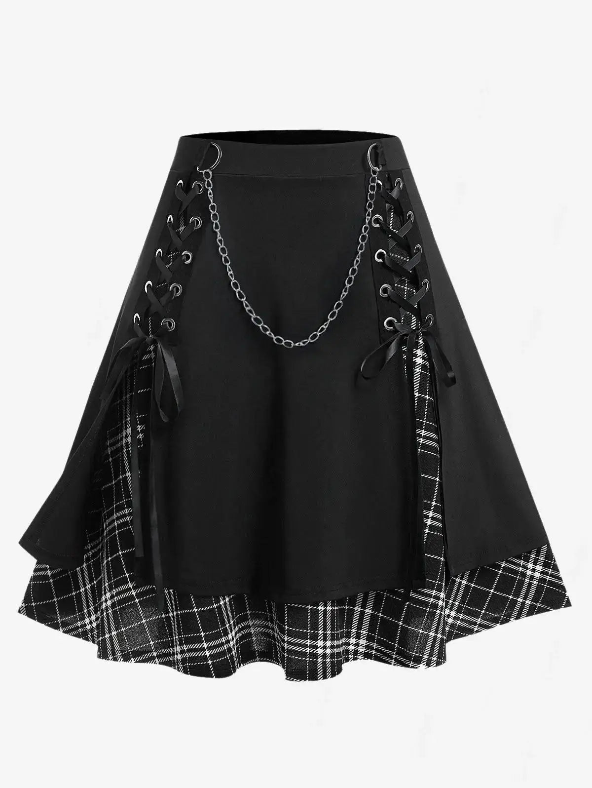 ROSEGAL Plus Size Women's Gothic Skirt Casual Plain Chain Detail High Waisted Stitching Plaid Pleated Layered Lace Up Skirts 5XL SS69