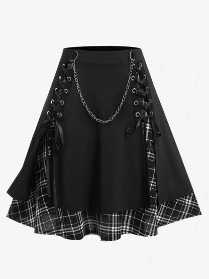 ROSEGAL Plus Size Women's Gothic Skirt Casual Plain Chain Detail High Waisted Stitching Plaid Pleated Layered Lace Up Skirts 5XL SS69