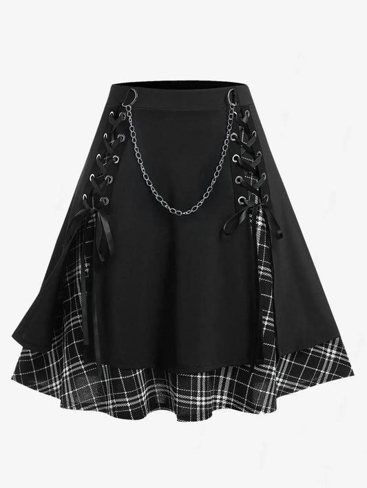 ROSEGAL Plus Size Women's Gothic Skirt Casual Plain Chain Detail High Waisted Stitching Plaid Pleated Layered Lace Up Skirts 5XL SS69