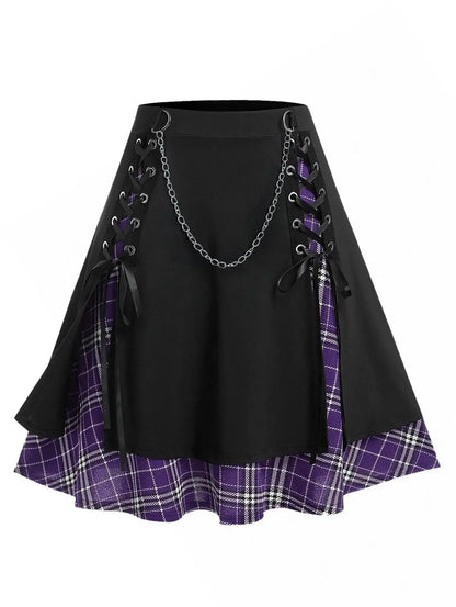 ROSEGAL Plus Size Women's Gothic Skirt Casual Plain Chain Detail High Waisted Stitching Plaid Pleated Layered Lace Up Skirts 5XL SS69