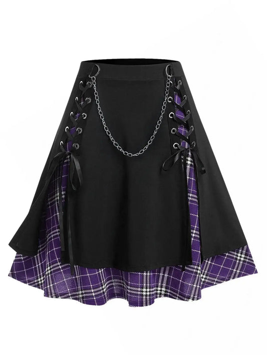 ROSEGAL Plus Size Women's Gothic Skirt Casual Plain Chain Detail High Waisted Stitching Plaid Pleated Layered Lace Up Skirts 5XL SS69