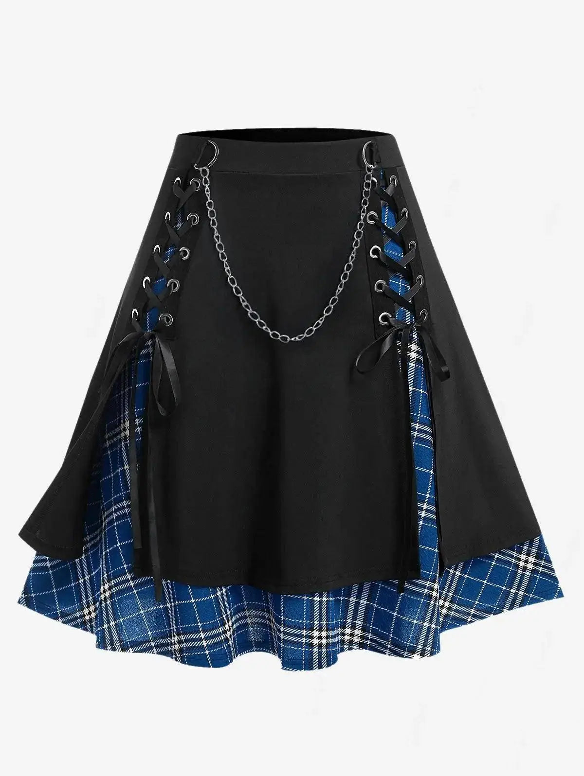 ROSEGAL Plus Size Women's Gothic Skirt Casual Plain Chain Detail High Waisted Stitching Plaid Pleated Layered Lace Up Skirts 5XL SS69 31.69 Deep Blue / 3XL