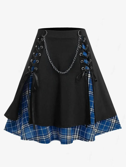ROSEGAL Plus Size Women's Gothic Skirt Casual Plain Chain Detail High Waisted Stitching Plaid Pleated Layered Lace Up Skirts 5XL SS69 31.69 Deep Blue / 3XL