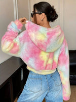 Rainbow Color Zip Up Hooded Fuzzy Coat, Elegant Long Sleeve Warm Outerwear For Fall & Winter, Women's Clothing SS69