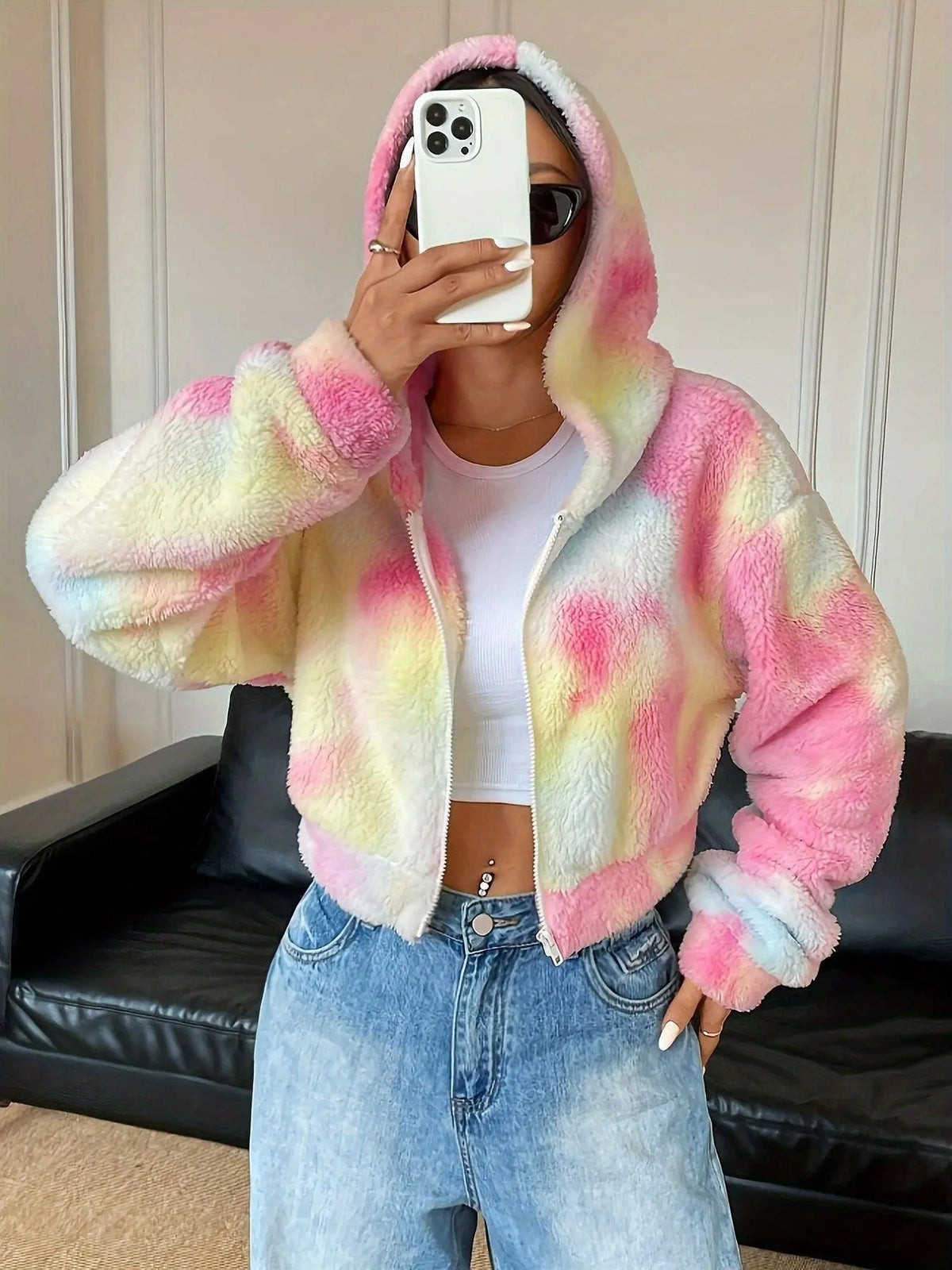 Rainbow Color Zip Up Hooded Fuzzy Coat, Elegant Long Sleeve Warm Outerwear For Fall & Winter, Women's Clothing SS69
