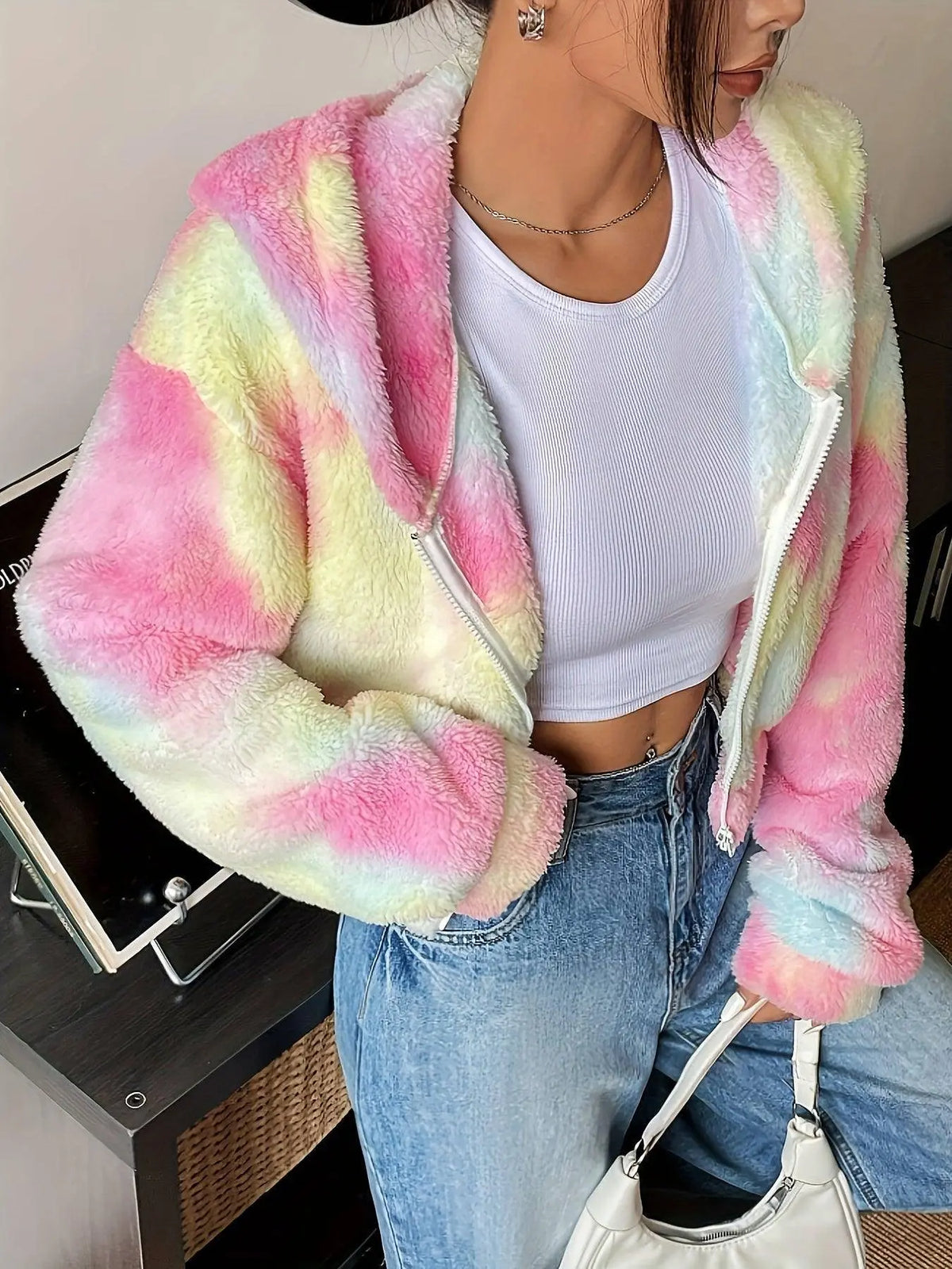 Rainbow Color Zip Up Hooded Fuzzy Coat, Elegant Long Sleeve Warm Outerwear For Fall & Winter, Women's Clothing SS69