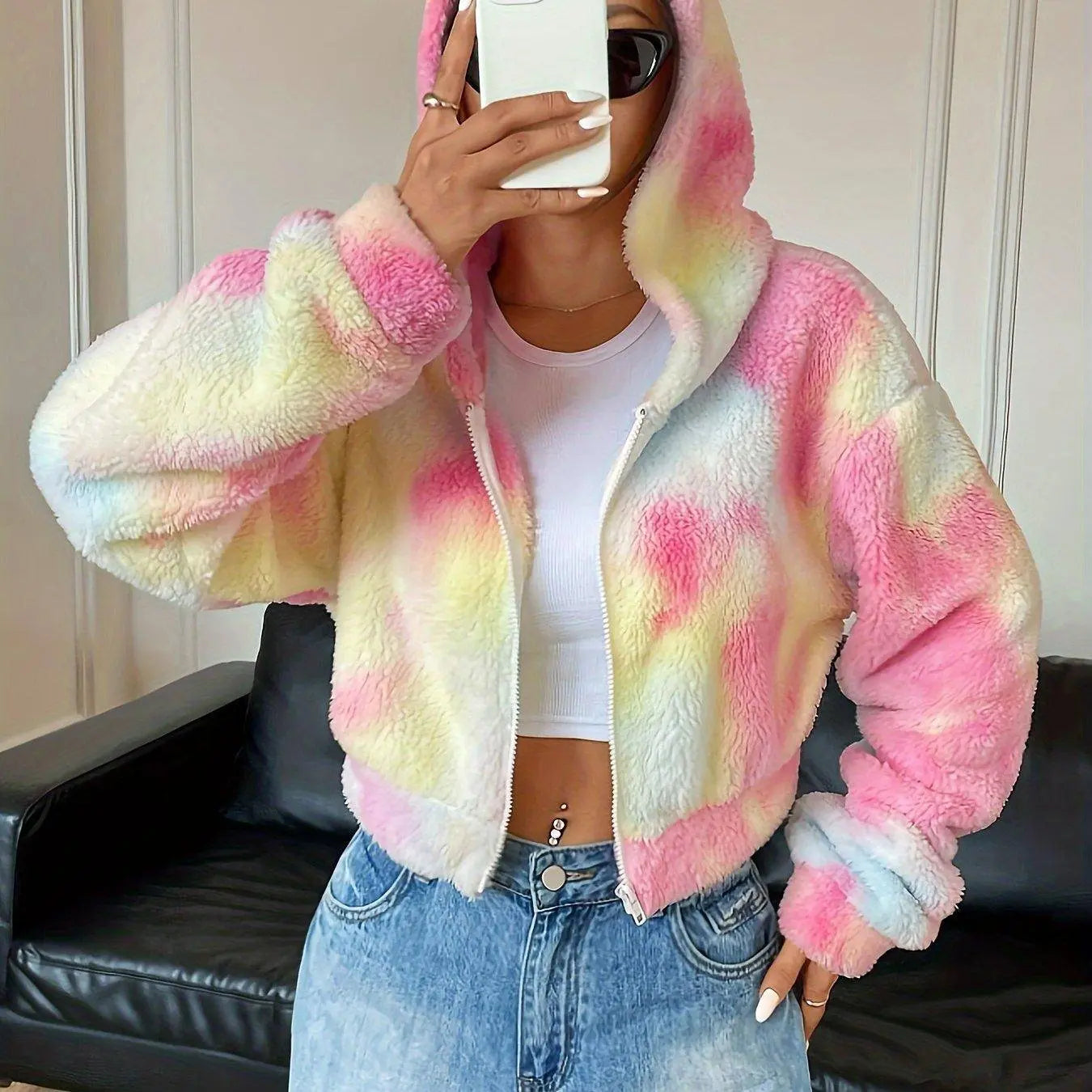 Rainbow Color Zip Up Hooded Fuzzy Coat, Elegant Long Sleeve Warm Outerwear For Fall & Winter, Women's Clothing SS69