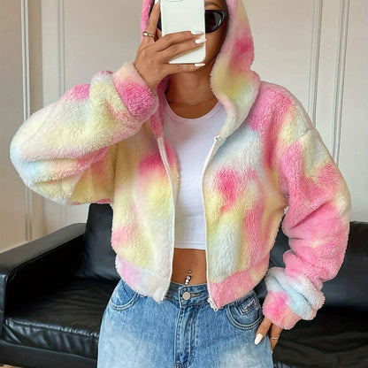 Rainbow Color Zip Up Hooded Fuzzy Coat, Elegant Long Sleeve Warm Outerwear For Fall & Winter, Women's Clothing SS69