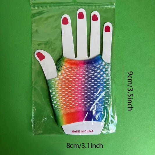 Rainbow Mesh Gloves, Women's Fashion Accessories, Elastic Knit Fingerless Gloves, Decorative Party Wear, Color Block Pattern, Polyester Material, Hand Wash Only SS69