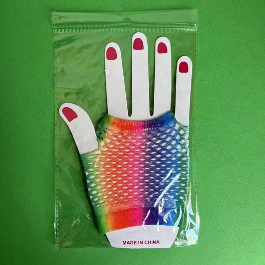 Rainbow Mesh Gloves, Women's Fashion Accessories, Elastic Knit Fingerless Gloves, Decorative Party Wear, Color Block Pattern, Polyester Material, Hand Wash Only SS69