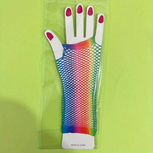 Rainbow Mesh Gloves, Women's Fashion Accessories, Elastic Knit Fingerless Gloves, Decorative Party Wear, Color Block Pattern, Polyester Material, Hand Wash Only SS69