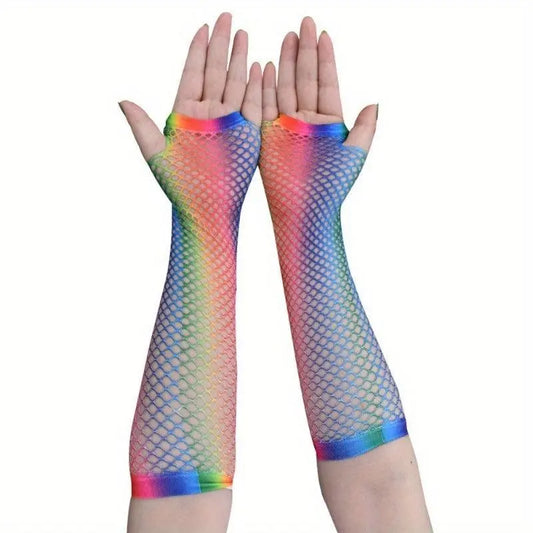 Rainbow Mesh Gloves, Women's Fashion Accessories, Elastic Knit Fingerless Gloves, Decorative Party Wear, Color Block Pattern, Polyester Material, Hand Wash Only SS69
