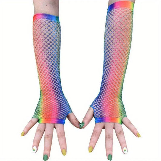 Rainbow Mesh Gloves, Women's Fashion Accessories, Elastic Knit Fingerless Gloves, Decorative Party Wear, Color Block Pattern, Polyester Material, Hand Wash Only SS69