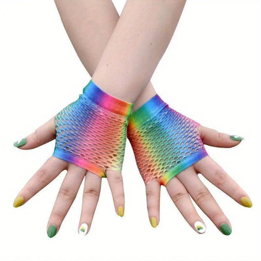 Rainbow Mesh Gloves, Women's Fashion Accessories, Elastic Knit Fingerless Gloves, Decorative Party Wear, Color Block Pattern, Polyester Material, Hand Wash Only SS69