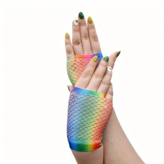 Rainbow Mesh Gloves, Women's Fashion Accessories, Elastic Knit Fingerless Gloves, Decorative Party Wear, Color Block Pattern, Polyester Material, Hand Wash Only SS69