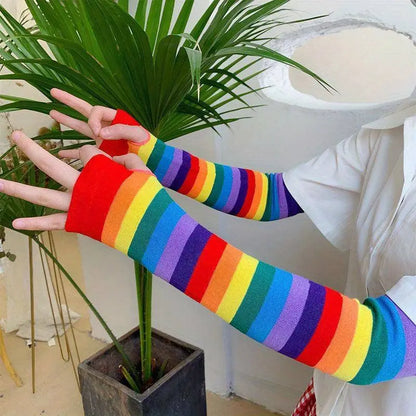 Rainbow Striped Sun Sleeves Long High Elastic Arm Cover Summer Decorative Fingerless Sleeves For Women SS69