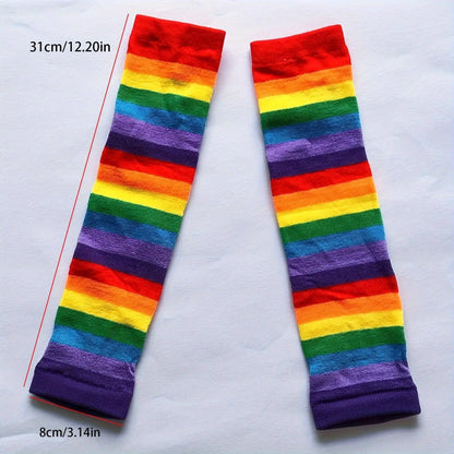 Rainbow Striped Sun Sleeves Long High Elastic Arm Cover Summer Decorative Fingerless Sleeves For Women SS69