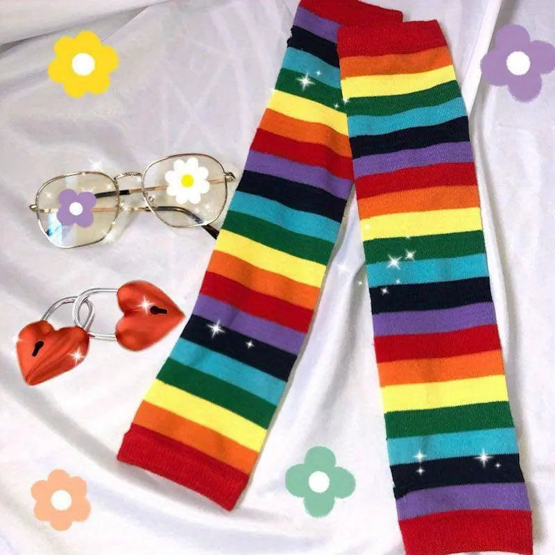 Rainbow Striped Sun Sleeves Long High Elastic Arm Cover Summer Decorative Fingerless Sleeves For Women SS69