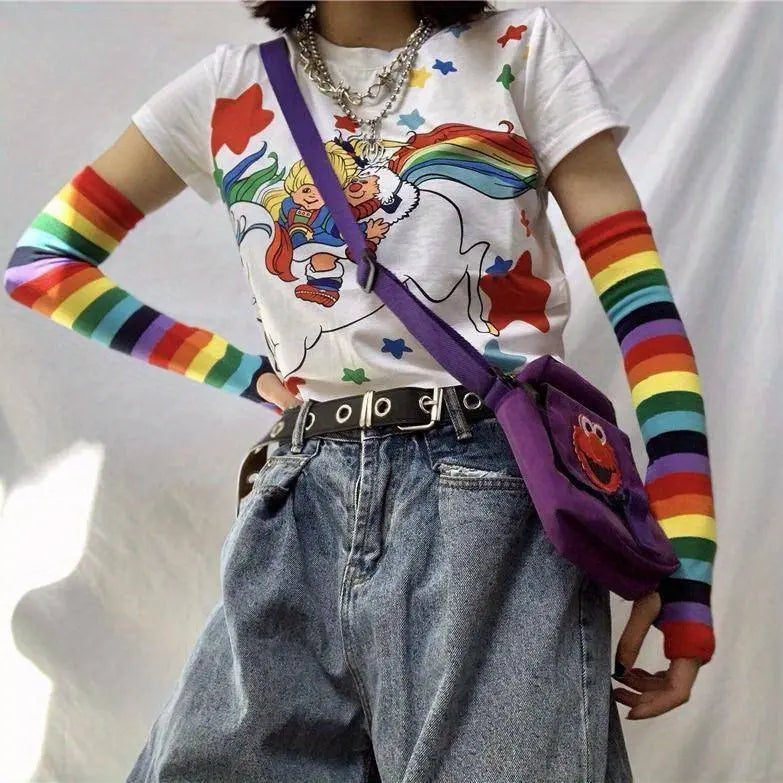 Rainbow Striped Sun Sleeves Long High Elastic Arm Cover Summer Decorative Fingerless Sleeves For Women SS69