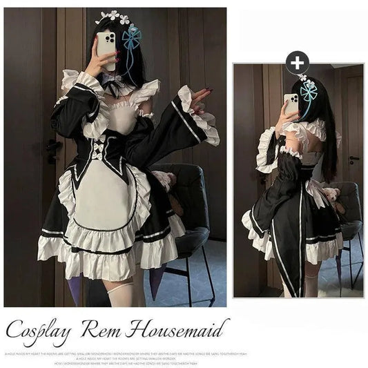 Ram Rem Cosplay Costume Anime Lolita Maid Uniform Maid Apron Lolita Dress Life In A Different World From Zero Costumes Party Set - SS69