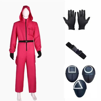 Red Calamari Game Jumpsuit Cosplay Party Tracksuit Outfits Props Role Play Classic Costume From Korean TV Belt Full Mask Set SS69