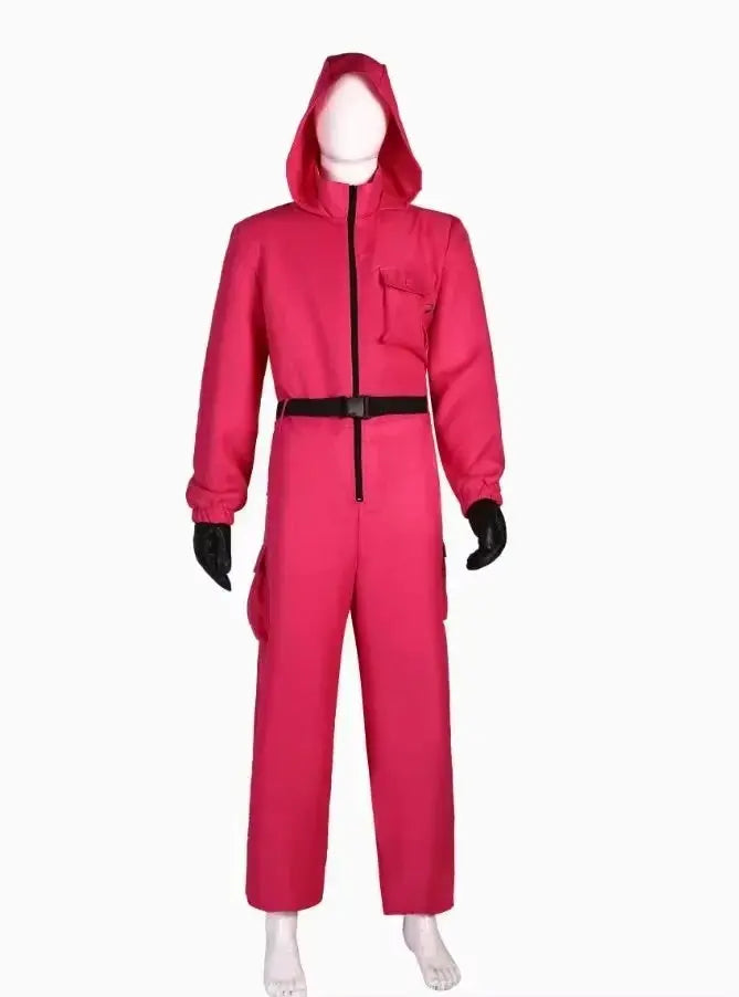 Red Calamari Game Jumpsuit Cosplay Party Tracksuit Outfits Props Role Play Classic Costume From Korean TV Belt Full Mask Set SS69