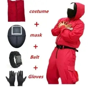 Red Calamari Game Jumpsuit Cosplay Party Tracksuit Outfits Props Role Play Classic Costume From Korean TV Belt Full Mask Set SS69 30.69 L / 4pcs2