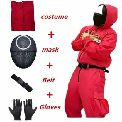 Red Calamari Game Jumpsuit Cosplay Party Tracksuit Outfits Props Role Play Classic Costume From Korean TV Belt Full Mask Set SS69 31.69 S / 4pcs1