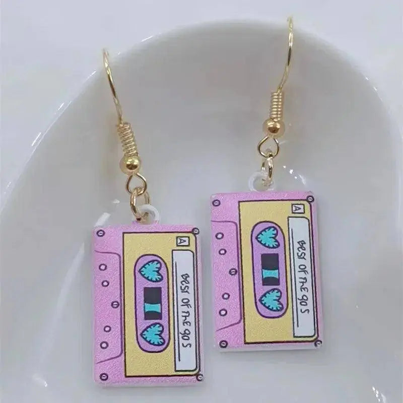 Retro Cassette Tape dangle drop earrings, Cute 90s Music jewellery, Novelty Old School jewelry, Fun Quirky pendant SS69