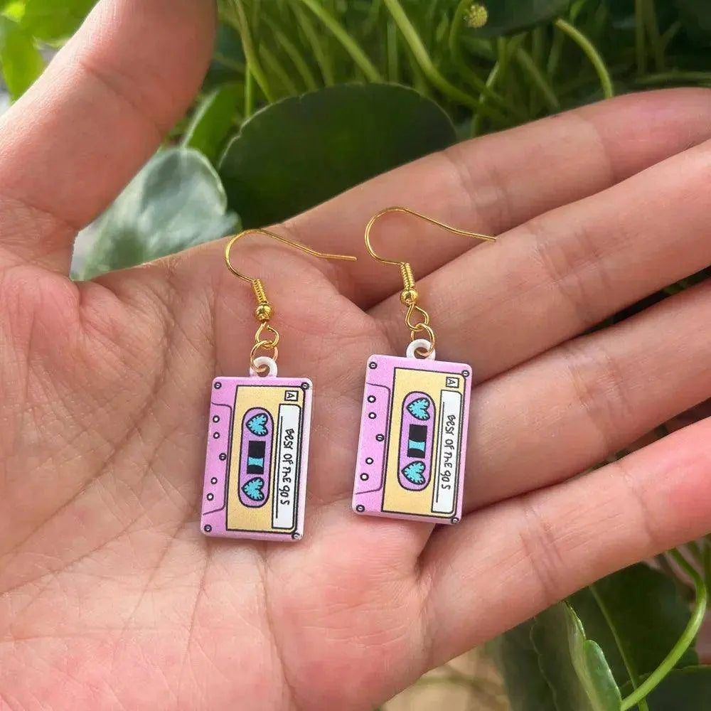 Retro Metal Cassette Tape dangle drop earrings, Cute 90s Music jewellery, Novelty Old School jewelry, Fun Quirky pendant SS69