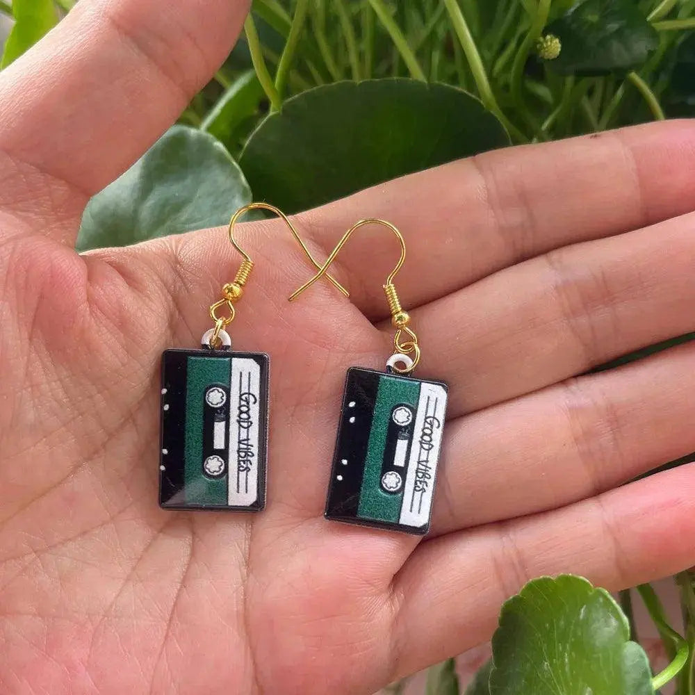 Retro Metal Cassette Tape dangle drop earrings, Cute 90s Music jewellery, Novelty Old School jewelry, Fun Quirky pendant SS69