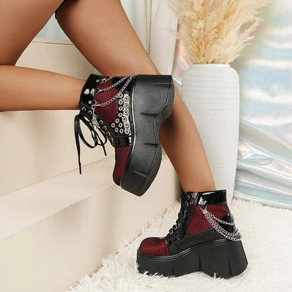 Retro Punk-Style Women's Platform Boots with Chain Detail - Fashionable Slip-On Ankle Booties for Music Festivals & Halloween Parties, Comfortable All-Season Footwear SS69