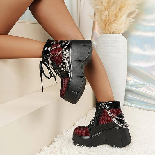 Retro Punk-Style Women's Platform Boots with Chain Detail - Fashionable Slip-On Ankle Booties for Music Festivals & Halloween Parties, Comfortable All-Season Footwear SS69