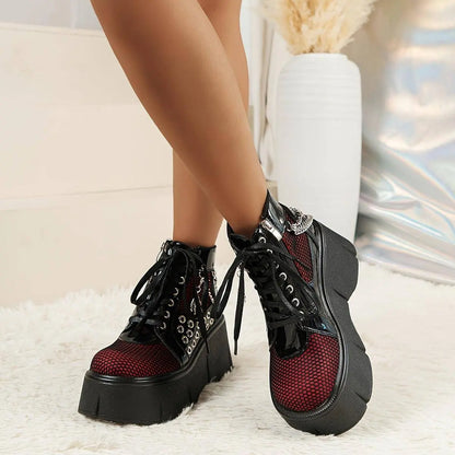Retro Punk-Style Women's Platform Boots with Chain Detail - Fashionable Slip-On Ankle Booties for Music Festivals & Halloween Parties, Comfortable All-Season Footwear SS69