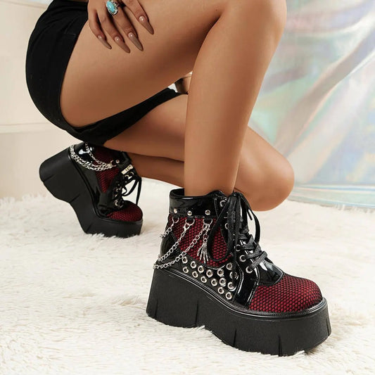 Retro Punk-Style Women's Platform Boots with Chain Detail - Fashionable Slip-On Ankle Booties for Music Festivals & Halloween Parties, Comfortable All-Season Footwear SS69
